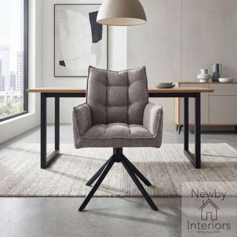 198-03-22-21-01 - Halcyon Mocha Tweed Fabric Swivel Dining Chair with Metal Legs (Pair)