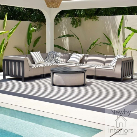 Maze Ibiza Outdoor Fabric Medium Corner Sofa Set Round Coffee Table 3 Footstools Oatmeal Cushions Grey Frame