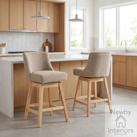 218-13-08-05-01 - Lancaster Champagne Fabric Upholstered Bar Stool with Wooden Base (Pair)