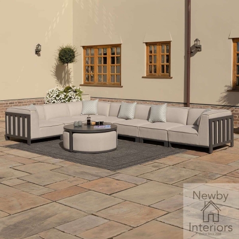 Maze Ibiza Outdoor Fabric Large Corner Sofa Set Round Coffee Table 3 Footstools Oatmeal Grey Frame
