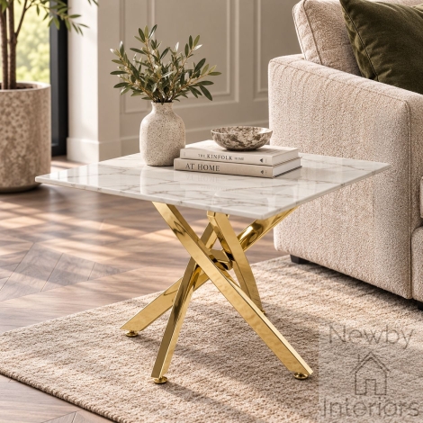 974-20-60 - Astoria White Marble Effect Glass Side Table Gold Base