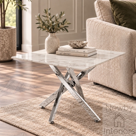 974-47-60 - Astoria White Marble Effect Glass Side Table Chrome Base