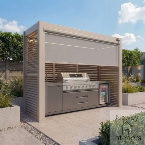 ALU-COM-303010-LAT - Maze Como Freestanding BBQ Shelter with Adjustable Side Back Louvre Panels & Blind Latte