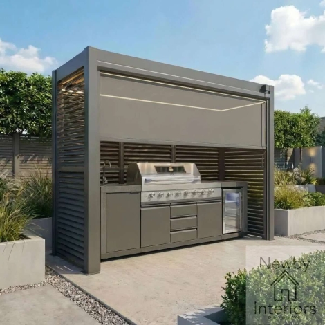 Maze Como Freestanding BBQ Shelter with Adjustable Side/Back Louvre Panels & Blind Grey
