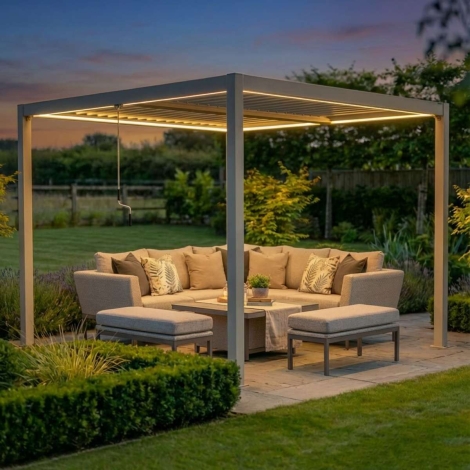 Maze Como 3m x 3m Aluminium Garden Pergola with LED Lights Frame Only Latte