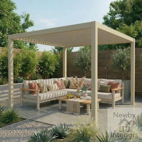 ALU-GB-JUPITER-303010 - Maze Jupiter 3m x 3m Aluminium Pergola Frame & Manual Operated Galvanised Steel Roof Louvres Latte