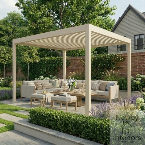 ALU-GB-JUPITER-304010 - Maze Jupiter 3m x 4m Aluminium Pergola Frame & Manual Operated Galvanised Steel Roof Louvres Latte