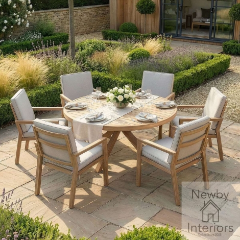 Maze New York Wood Effect Aluminium 6 Seat Round Dining Set Almond with Wood Effect Frame