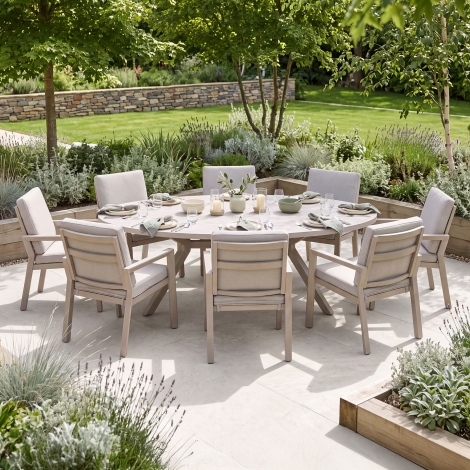 ALU-NY-101070-LAT - Maze New York 8 Seat Oval Aluminium Ceramic Glass Dining Set - Latte