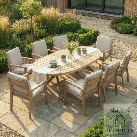 Maze New York Wood Effect Aluminium 8 Seat Oval Dining Set Almond with Wood Effect Frame
