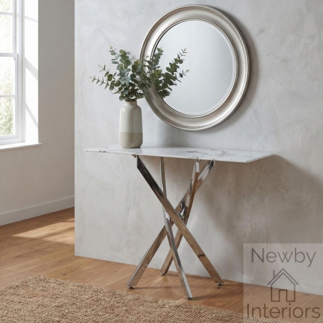 973-47-10 - Astoria White Marble Effect Glass Console Table with Chrome Base