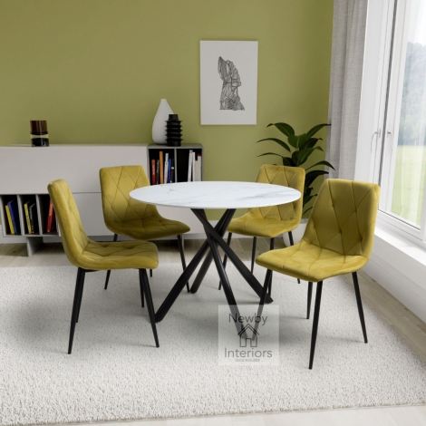 934-161-09-15-4 - Avesta White Marble Effect Dining Set with 4 Vernon Yellow Chairs 