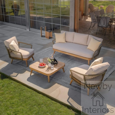 Maze Bali Rope Weave 3 Seat Sofa Set with Large Square Coffee Table Olive Green Frame Sandstone Cushions