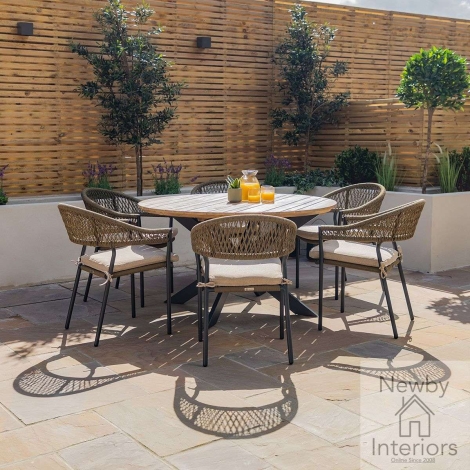 Maze Bali Rope Weave 6 Seat Round Dining Set Olive Green with Sandstone Cushions