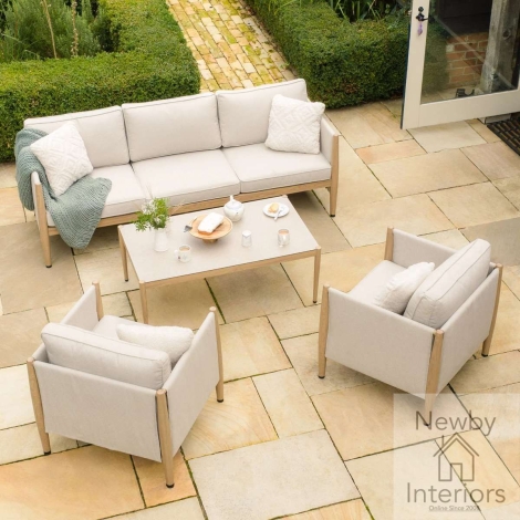 Maze Burford 3 Seat Aluminium Sofa Set with Rectangular Coffee Table Almond & Wood Effect Frame