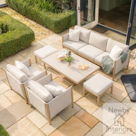 Maze Burford 3 Seat Aluminium Sofa Dining Set with Rising Table & Footstools Almond in Wood Effect Frame