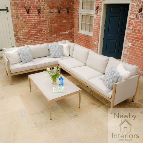Maze Burford Large Aluminium Corner Sofa Set with Rectangular Coffee Table Almond & Wood Effect Frame