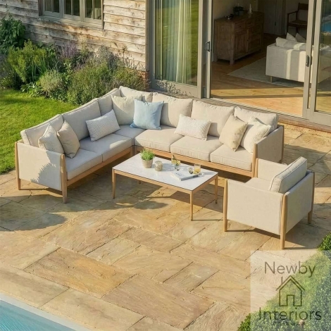BUR-LCSSAC-AL - Maze Burford Large Aluminium Corner Sofa Set with Rectangular Coffee Table & Armchair Almond with Wood Effect Frame