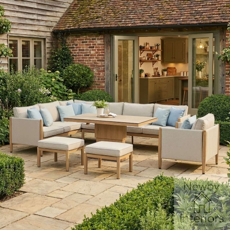 BUR-LCSSAC-RT-AL - Maze Burford Large Aluminium Corner Dining Set with Rising Table Footstools & Armchair Almond with Wood Effect Frame