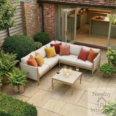 Maze Burford Small Aluminium Corner Sofa Set with Square Coffee Table Almond & Wood Effect Frame