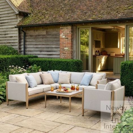 BUR-SCSSAC-AL - Maze Burford Small Aluminium Corner Sofa Set with Square Coffee Table & Armchair Almond with Wood Effect Frame