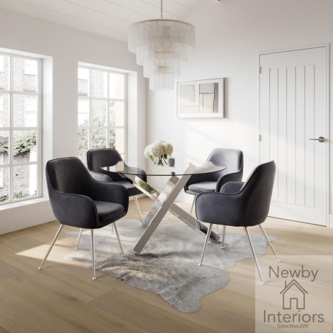 CAPSILDIN4TARGRECHA* - Capri Clear Glass Top Round Dining Table Set with 4 Tara Grey Chairs