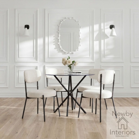 CASABLATABLE4SMIIVOCHA* - Casa Glass and Black Round Dining Table Set with 4 Smith Ivory Dining Chairs