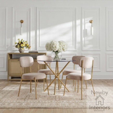 CASAGLDTABLE4SMILOACHA* - Casa Glass and Gold Round Dining Table Set with 4 Smith Loaf Dining Chairs