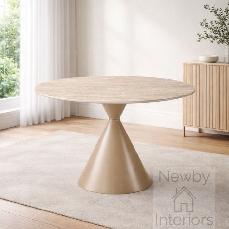 DT-361/CA - Casa Matt Sintered Stone Dining Table 120cm Round Travertine Effect Top Cappuccino Hourglass Base