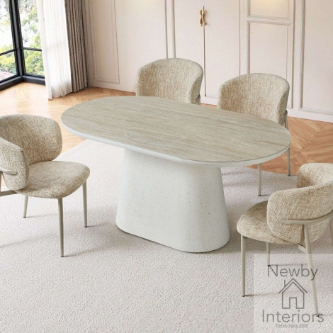 Celine Matt Sintered Stone Dining Table 160cm Oval Travertine Effect Top Ivory Trapezoid Base