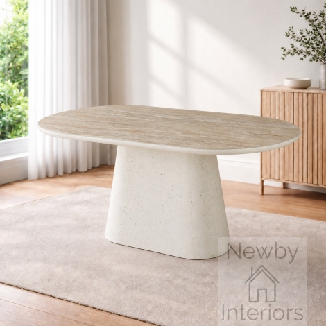 DT-240/IV - Celine Matt Sintered Stone Travertine Effect 160cm Oval Dining Table Ivory Base