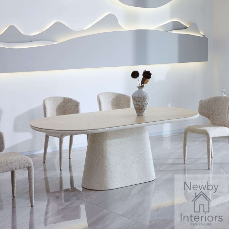 Celine Matt Sintered Stone Dining Table 200cm Oval Travertine Effect Top Ivory Trapezoid Base
