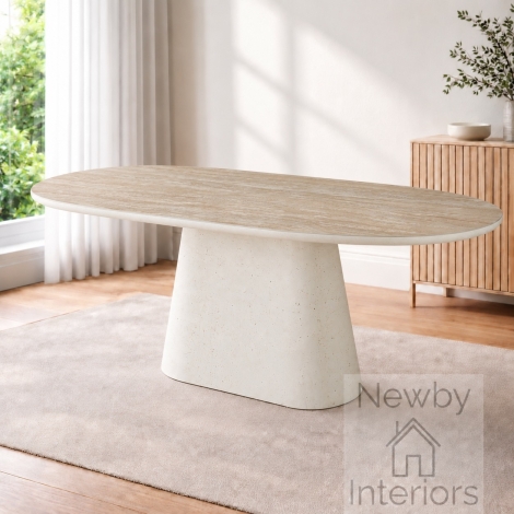 DT-650/IV - Celine Matt Sintered Stone Travertine Effect 200cm Oval Dining Table Ivory Base
