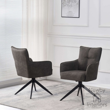 CH-261GR - Vianni Vintage Grey Leather Swivel Dining Chair With Arms & Black Spider Leg Base (Pair)