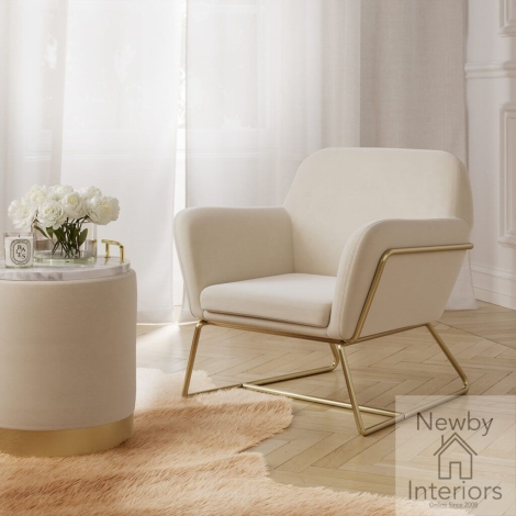 CHARLESCREAMWLARACRESML* - Charles Cream Velvet Accent Chair with Lara Small Round Pouffe