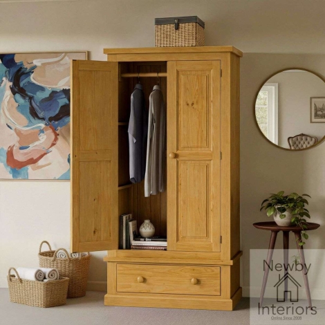 NH-CKP-10 - Chunky Pine Wood 2 Door 1 Drawer Double Wardrobe