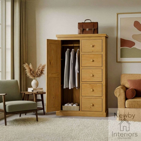 NH-CKP-19 - Chunky Pine Wood 1 Door 5 Drawer Combination Wardrobe