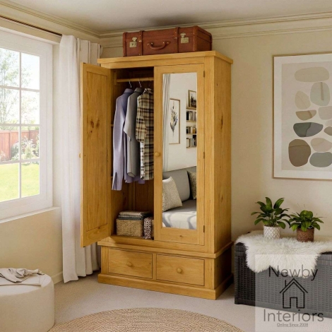 NH-CKP-20 - Chunky Pine Wood 2 Door 2 Drawer Mirror Wardrobe