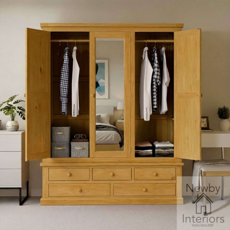 NH-CKP-21 - Chunky Pine Wood 3 Door 5 Drawer Triple Mirror Wardrobe