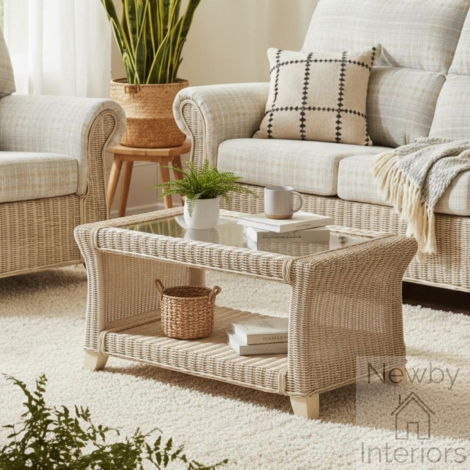 Clifton Coffee table & glass NW - Desser Clifton Natural Wash Cane Glass Top Coffee Table