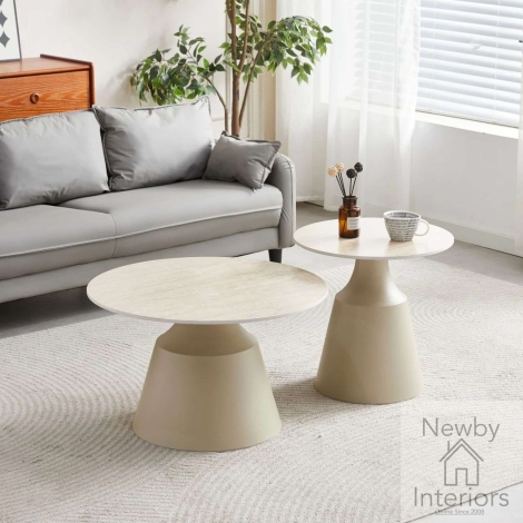 CT-398/TA - Luna Sintered Stone Coffee & End Tables Travertine Taupe Pedestal Base - Matt