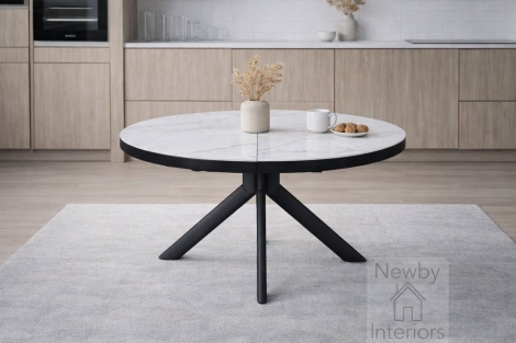 DTX-457WH - Danello Matt Ceramic Butterfly Extending Dining Table 120–160cm Round Sunset Cloud Vein Top Black Legs