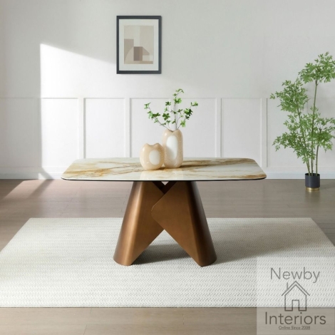 Levente White Pandora Stone Top Large Dining Table 160cm Brass Base