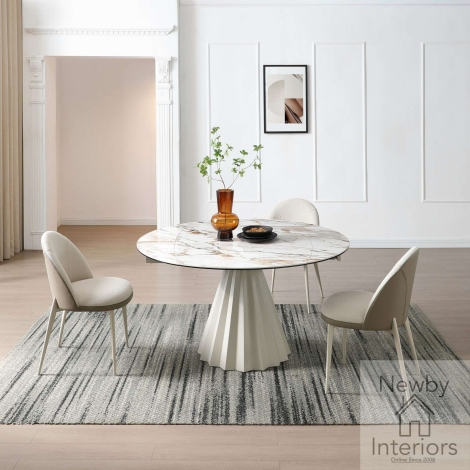 DTX-924/WC - Skye Gloss Ceramic Swivel Extending Dining Table 140–190cm Round Sunset Vein Top Champagne Base