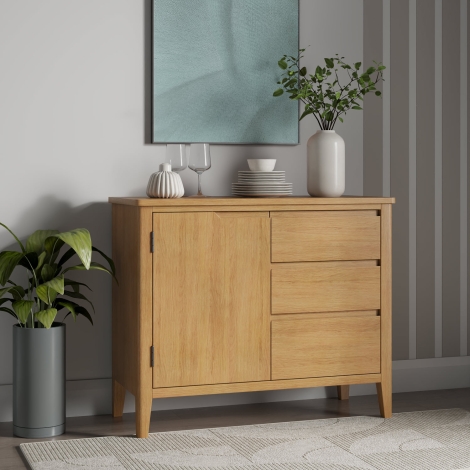 NH-OS-02 - Ekero Solid Oak 1 Door 3 Drawer Sideboard Wax Finish