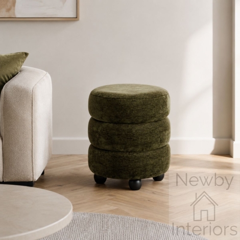 EMIOLIPOU - Emi Olive Chenille Velvet Curve Line Pouffe with Black Feet
