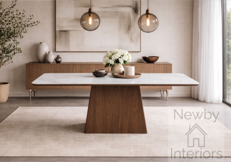 DT-419 - Ezra Matt Sintered Stone Dining Table 200cm White Top Walnut Base