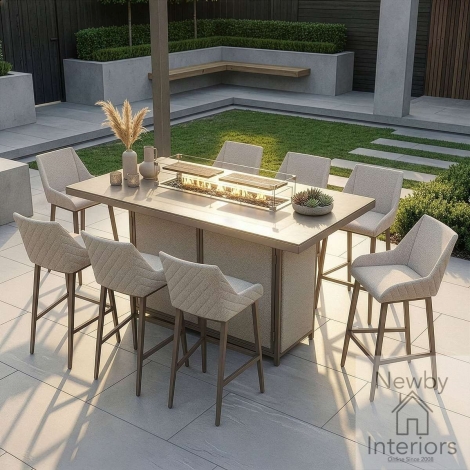 FB-BAR-REG-8SRC-FP-AL-LAT - Maze Outdoor Fabric Regal 8 Seat Rectangular Bar Set with Fire Pit Table Latte & Cafe Frame