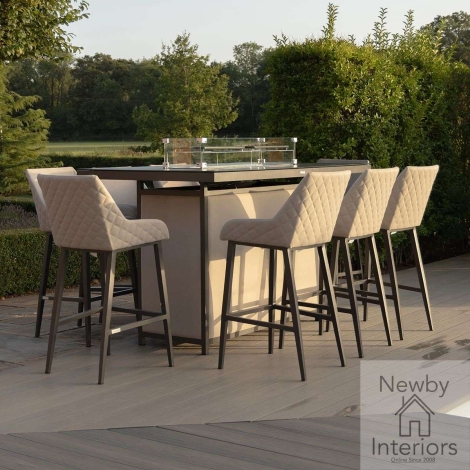 FB-BAR-REG-8SRC-FP-AL-OT - Maze Regal Outdoor Fabric 8 Seat Rectangular Bar Set Fire Pit Table Oatmeal Cushions Grey Frame