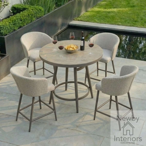 FB-BAR-ZEN-S4SRD-LAT - Maze Outdoor Fabric Zen 4 Seat Low Round Bar Set Latte with Cafe Frame